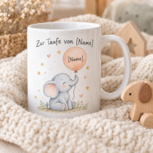 Tauftasse personalisiert – Taufkerze mit Blumenkranz