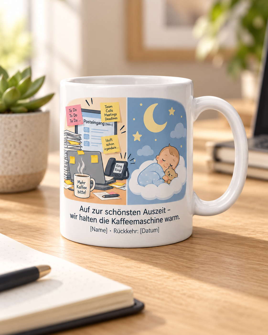 Elternzeit-Tasse personalisiert – Holztisch