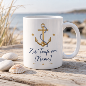 Tauftasse personalisiert – Goldkreuz und Rosen