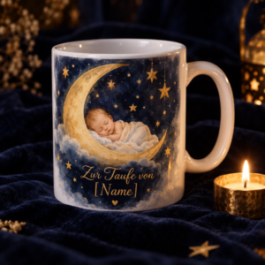 Tauftasse personalisiert – Babyfüße und Kreuz