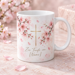 Tauftasse personalisiert – Kirschblüten und Kreuz