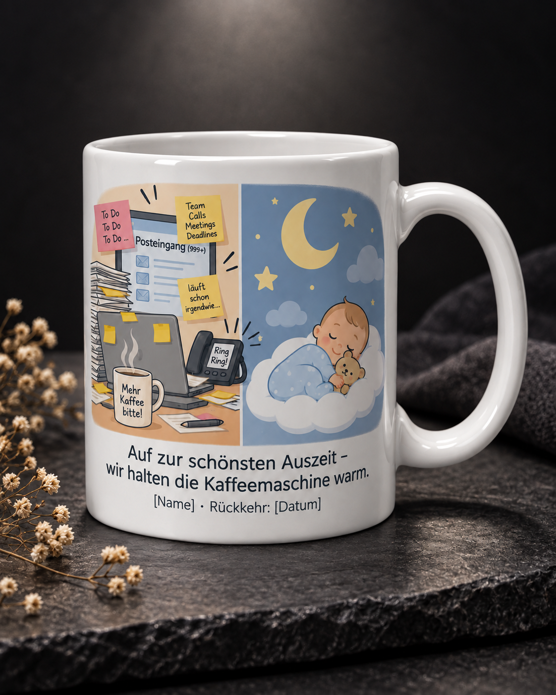 Elternzeit-Tasse personalisiert – Dark Moody