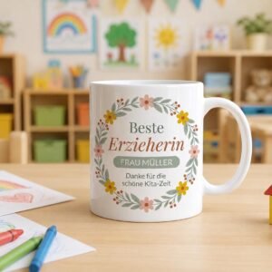 Abschied Erzieherin Tasse mit Namen | Tasse Erzieherin personalisiert | Kita Abschied Geschenk | Danke Erzieherin | Blumenkranz