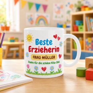 Abschied Erzieherin Tasse personalisiert | Geschenk mit Namen | Kita Abschied | Danke Erzieherin | bunte Kinder-Tasse