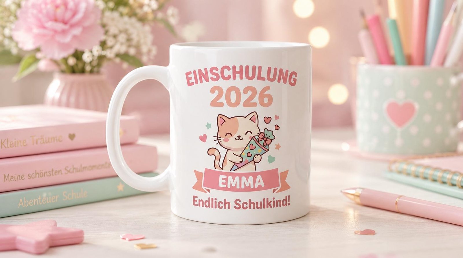 Einschulung Geschenk Mädchen | Personalisierte Tasse mit Namen | Schulanfang 2026 | Erstklässlerin Becher