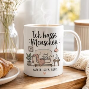 Lustige Tasse Ich hasse Menschen | Katzen Tasse mit Spruch | Kaffee Sofa Ruhe | Geschenk Katzenliebhaber | Introvertiert | Sarkasmus