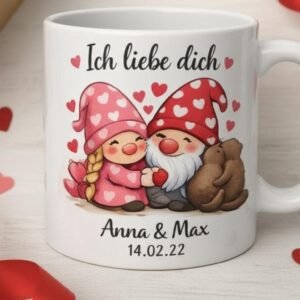 Personalisierte Valentinstag Tasse Gnome Otter Liebe | 350ml Keramik Becher Gravur Name Datum