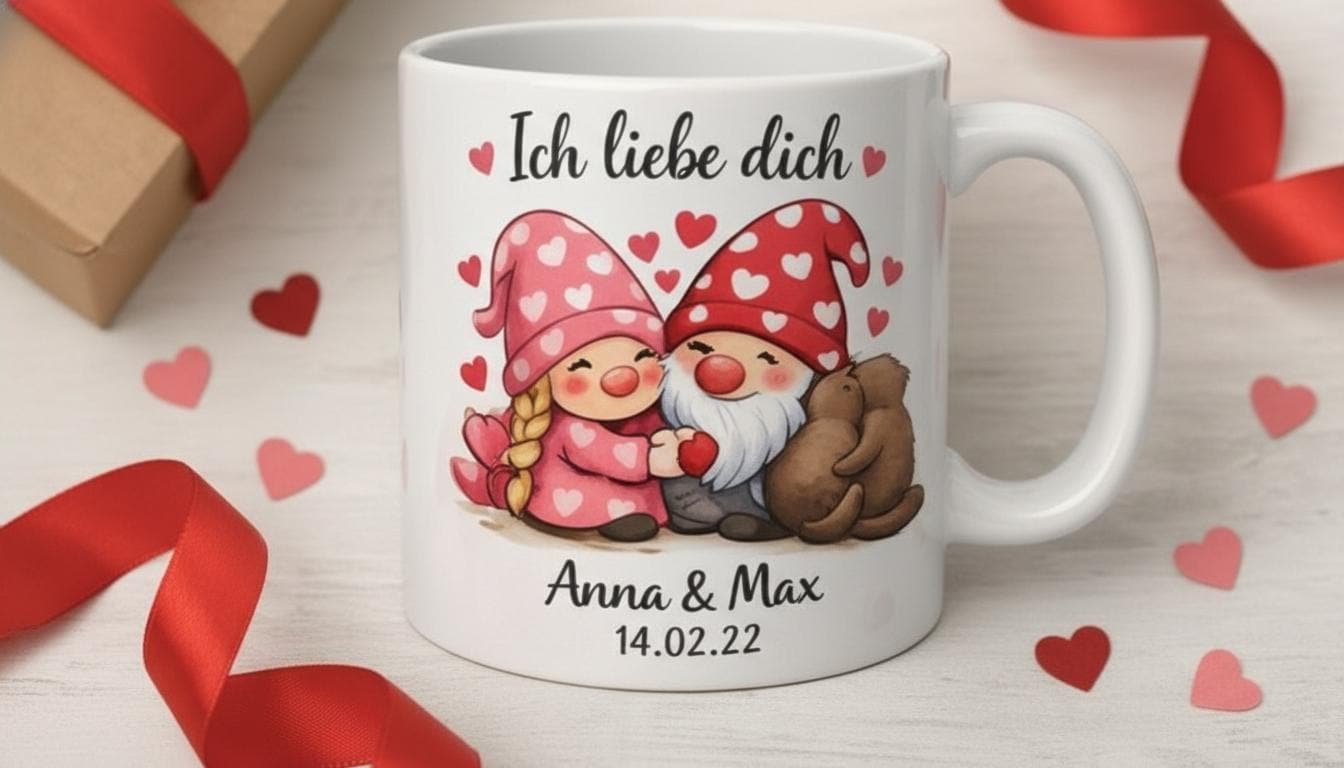 Personalisierte Valentinstag Tasse Gnome Otter Liebe | 350ml Keramik Becher Gravur Name Datum